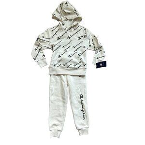 Champion 2 Piece Hoodie & Jogger Logo Print Natural White Sweat Set NWT Kids 5